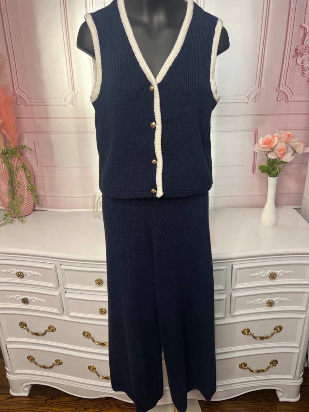 Sincerely Jules Navy Wide-Leg Knit Pants & Trimmed Vest Set - Picture 3 of 8